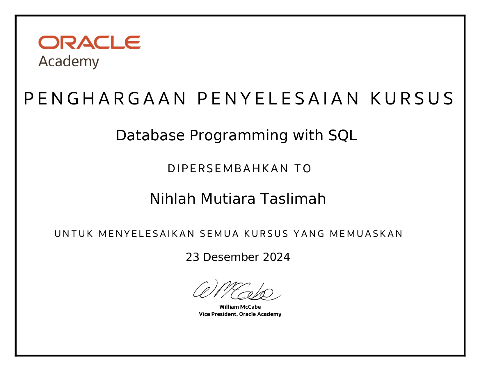 Database Programming with SQL Certificate